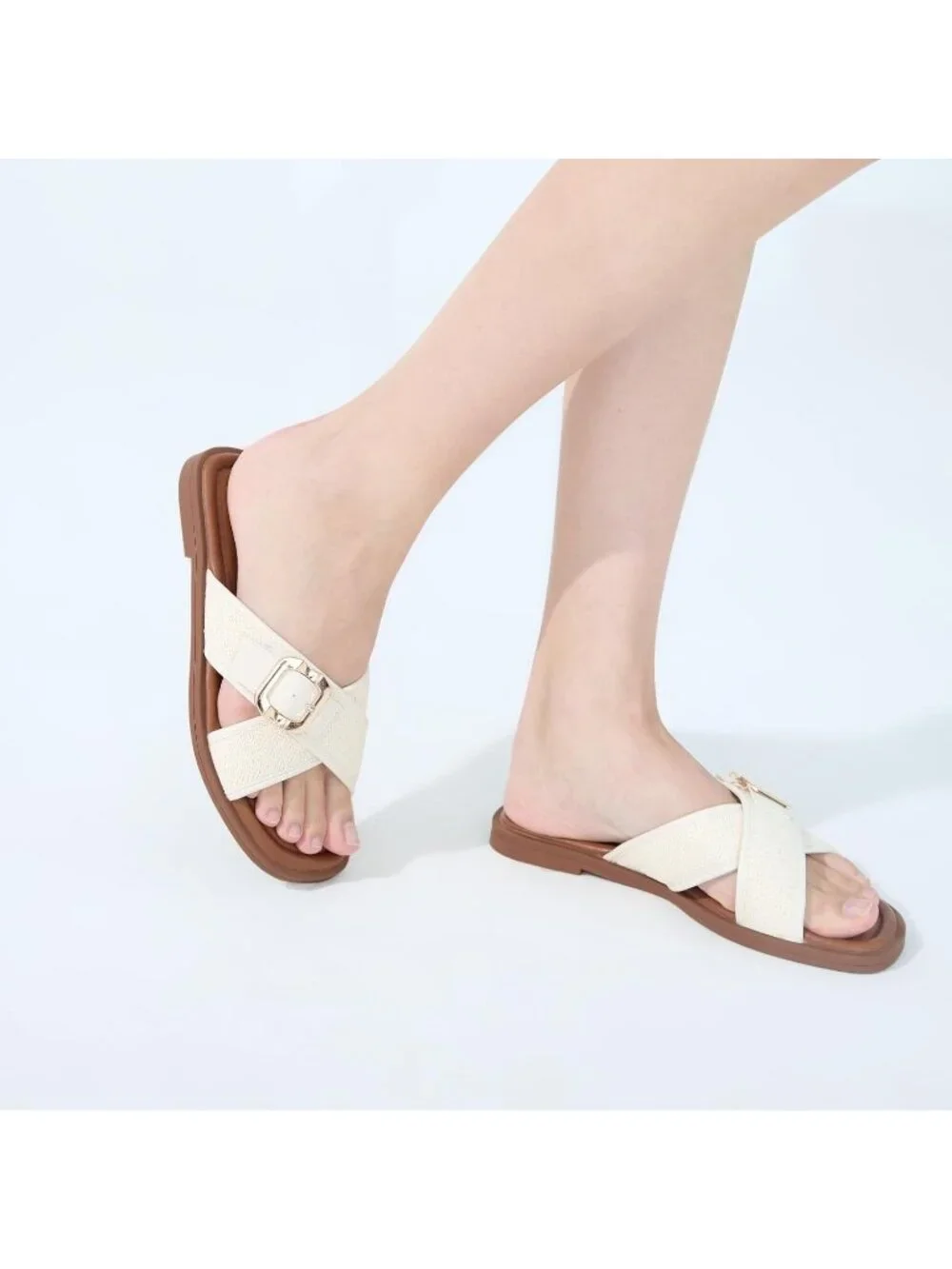 Women's White Square Toe Flat Sandals Slides Dressy Comfortable for Casual